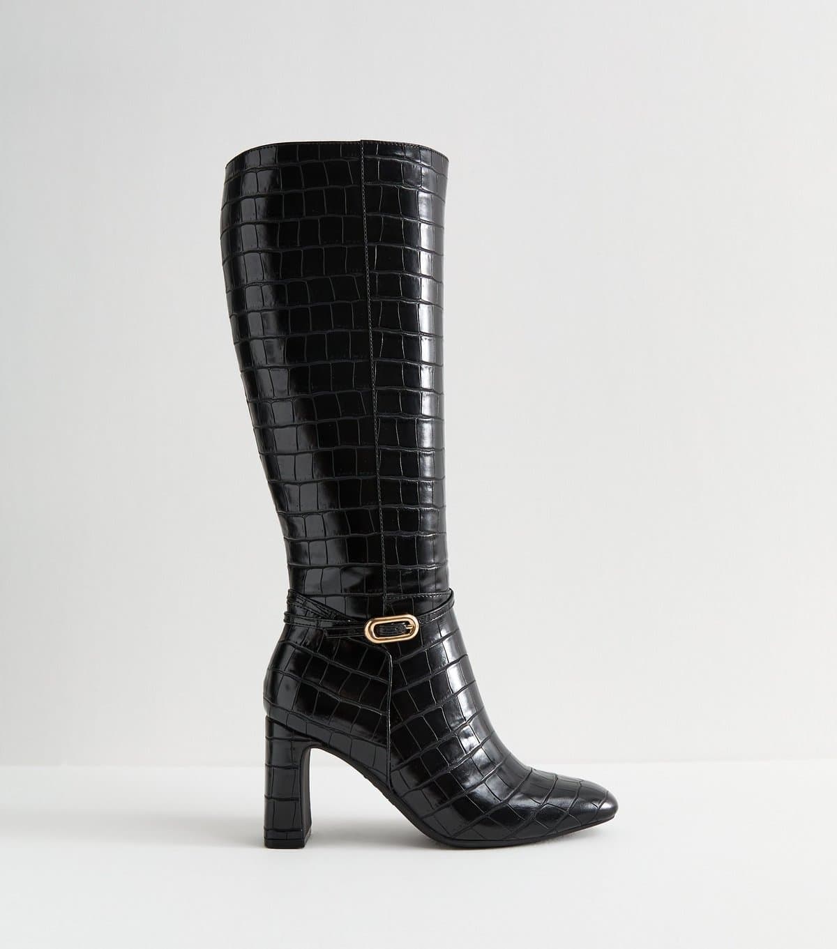 New Look Women's Black Snakeskin Effect Faux Leather Knee High Boots Vegan New Look