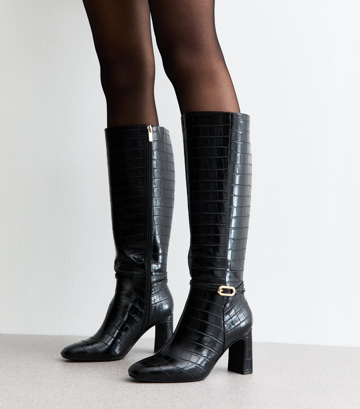 New Look Women's Black Snakeskin Effect Faux Leather Knee High Boots Vegan New Look - 2