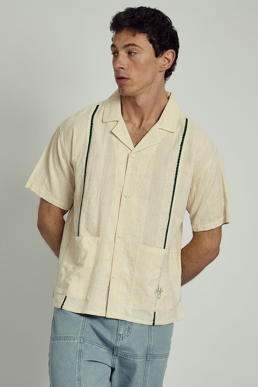 Native Youth Native Youth Men's Cotton Linen Vertical Braided Blend Button Short Sleeve Boxy Shirt in Stone