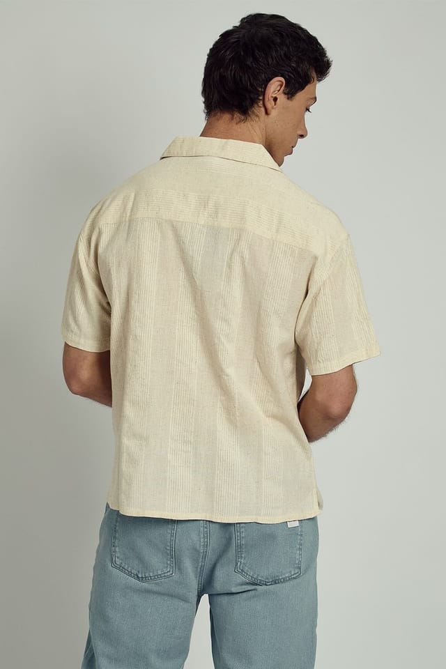 Native Youth Native Youth Men's Cotton Linen Vertical Braided Blend Button Short Sleeve Boxy Shirt in Stone - 2