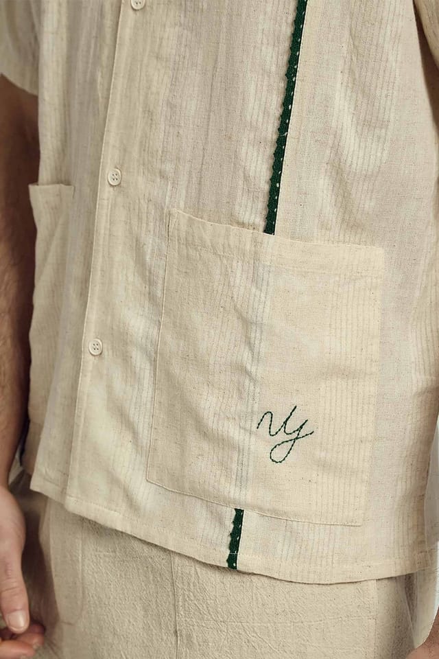 Native Youth Native Youth Men's Cotton Linen Vertical Braided Blend Button Short Sleeve Boxy Shirt in Stone - 3