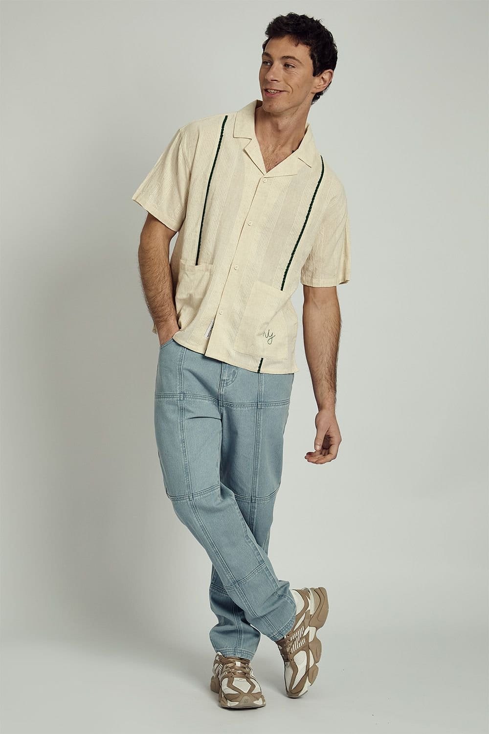 Native Youth Native Youth Men's Cotton Linen Vertical Braided Blend Button Short Sleeve Boxy Shirt in Stone - 4