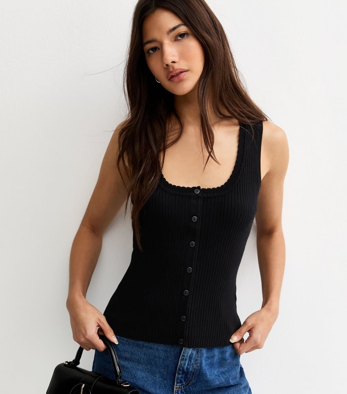 New Look Women's Black Ribbed Knit Scoop Neck Button Front Vest Top New Look