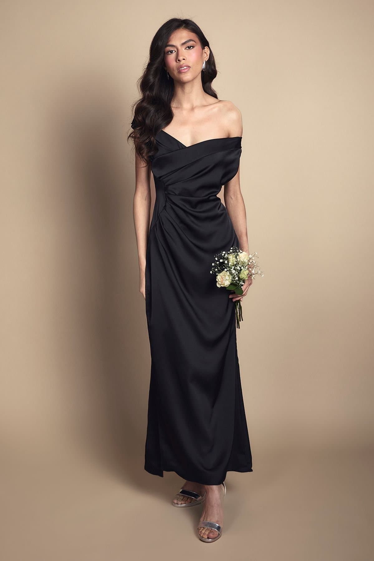 Coast Coast Women's Petite Satin Bardot Bridesmaid Maxi Dress with Waist Ruching Detail in Black