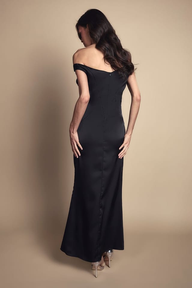 Coast Coast Women's Petite Satin Bardot Bridesmaid Maxi Dress with Waist Ruching Detail in Black - 3