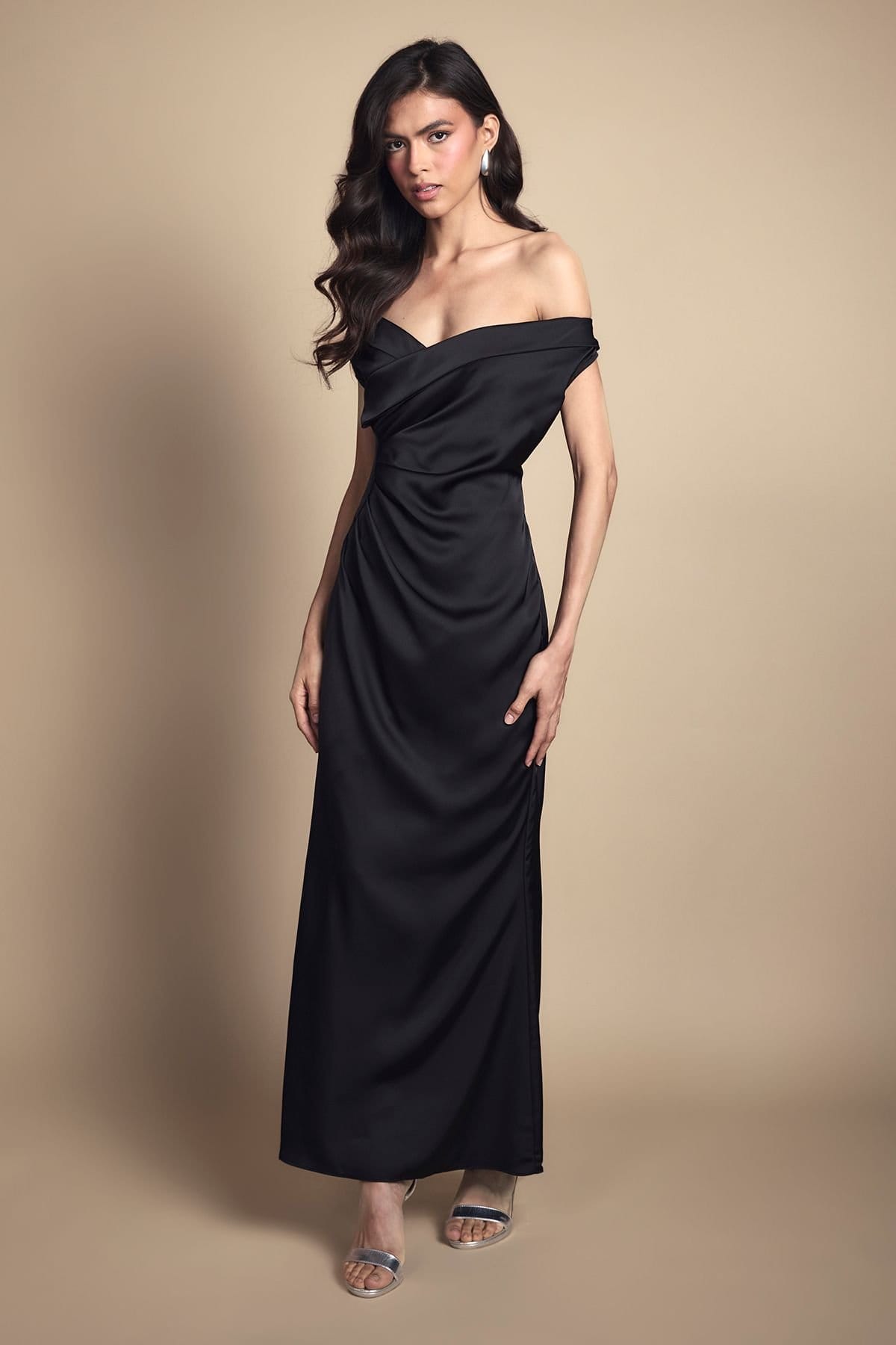Coast Coast Women's Petite Satin Bardot Bridesmaid Maxi Dress with Waist Ruching Detail in Black - 4