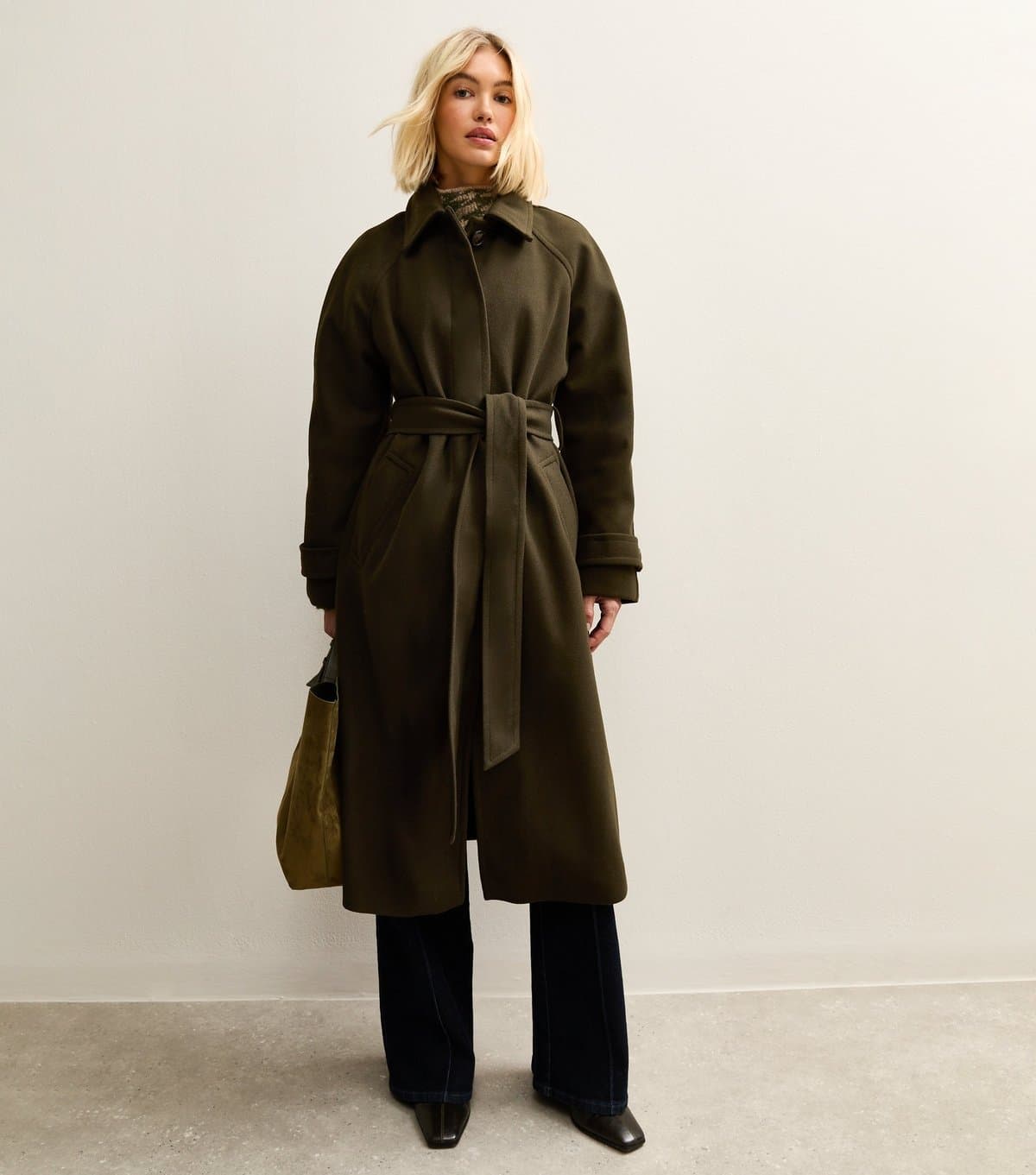 New Look Women's Khaki Button Front Belted Midi Coat New Look