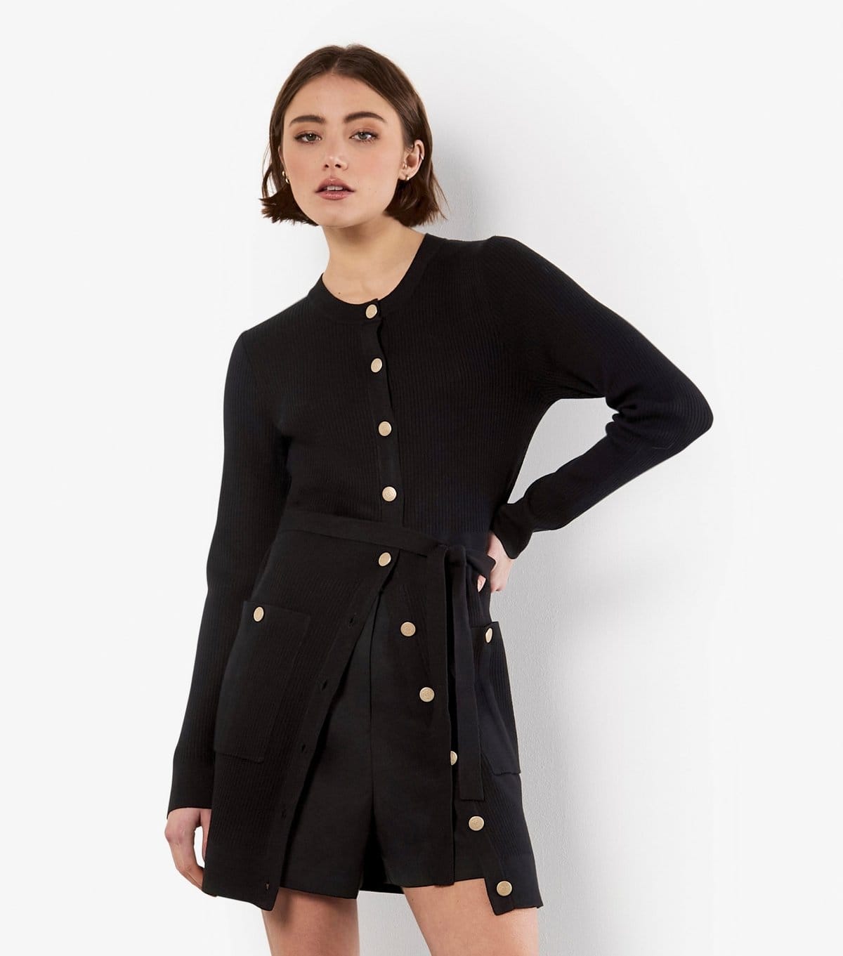 Apricot Black Ribbed Mini Dress with Long Sleeves