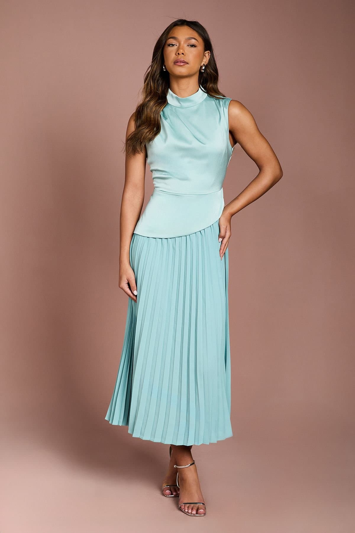 Coast Coast Women's Drape High Neck Pleated Skirt Midi Dress in Duck Egg Blue