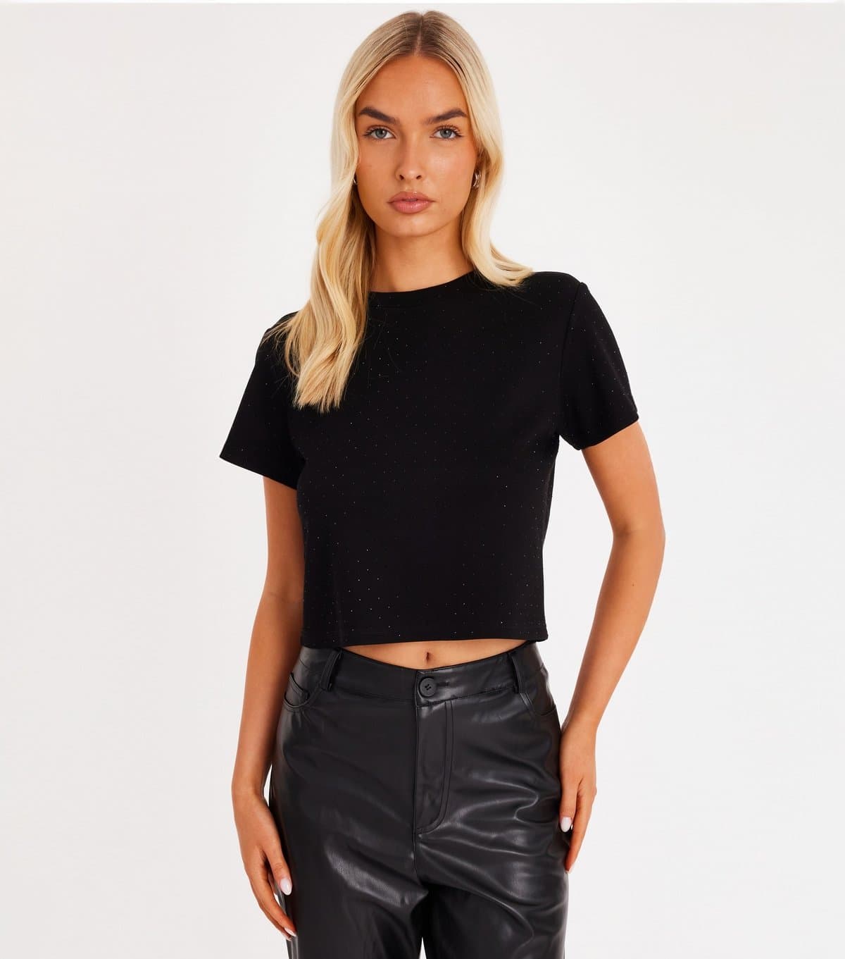 Quiz Women's Black Diamante Embellished Cropped T-Shirt Quiz New Look