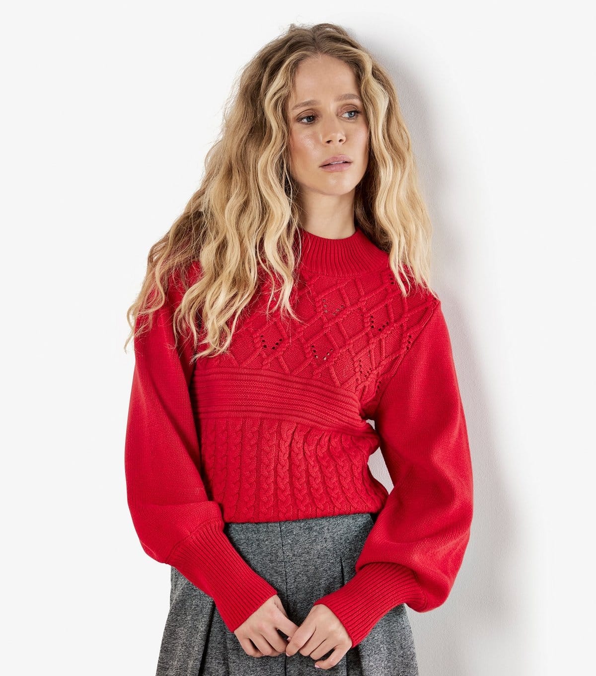 Apricot Red Multi-Cable Knit Mock Neck Jumper
