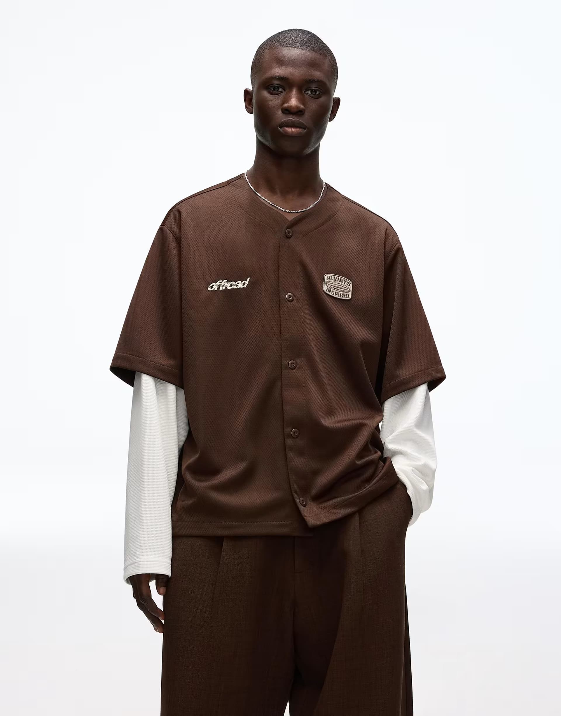 ASOS Bershka Double sleeve embroidered boxy shirt in brown