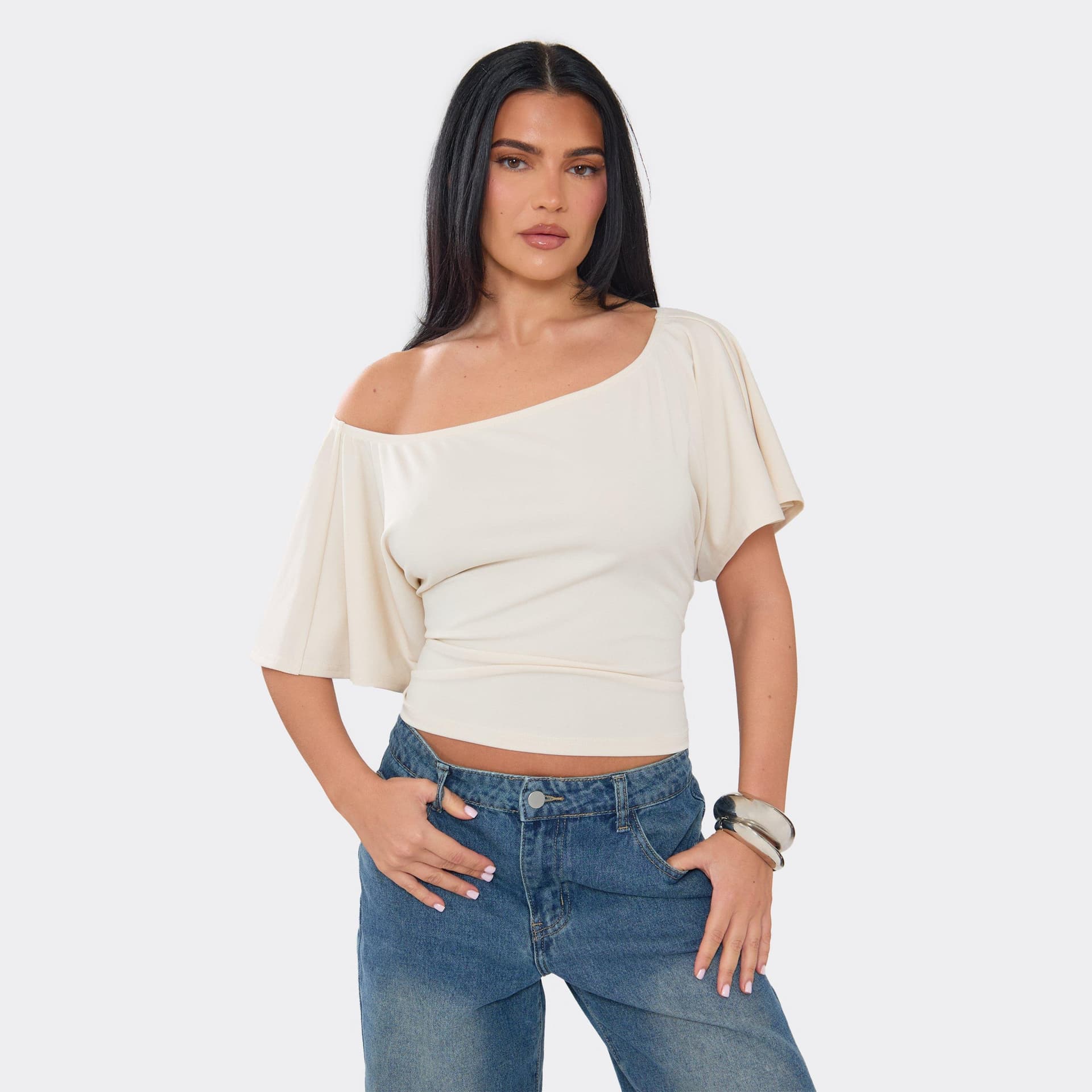EGO Off The Shoulder Lace Up Back Top In Cream, Women's Size UK 6