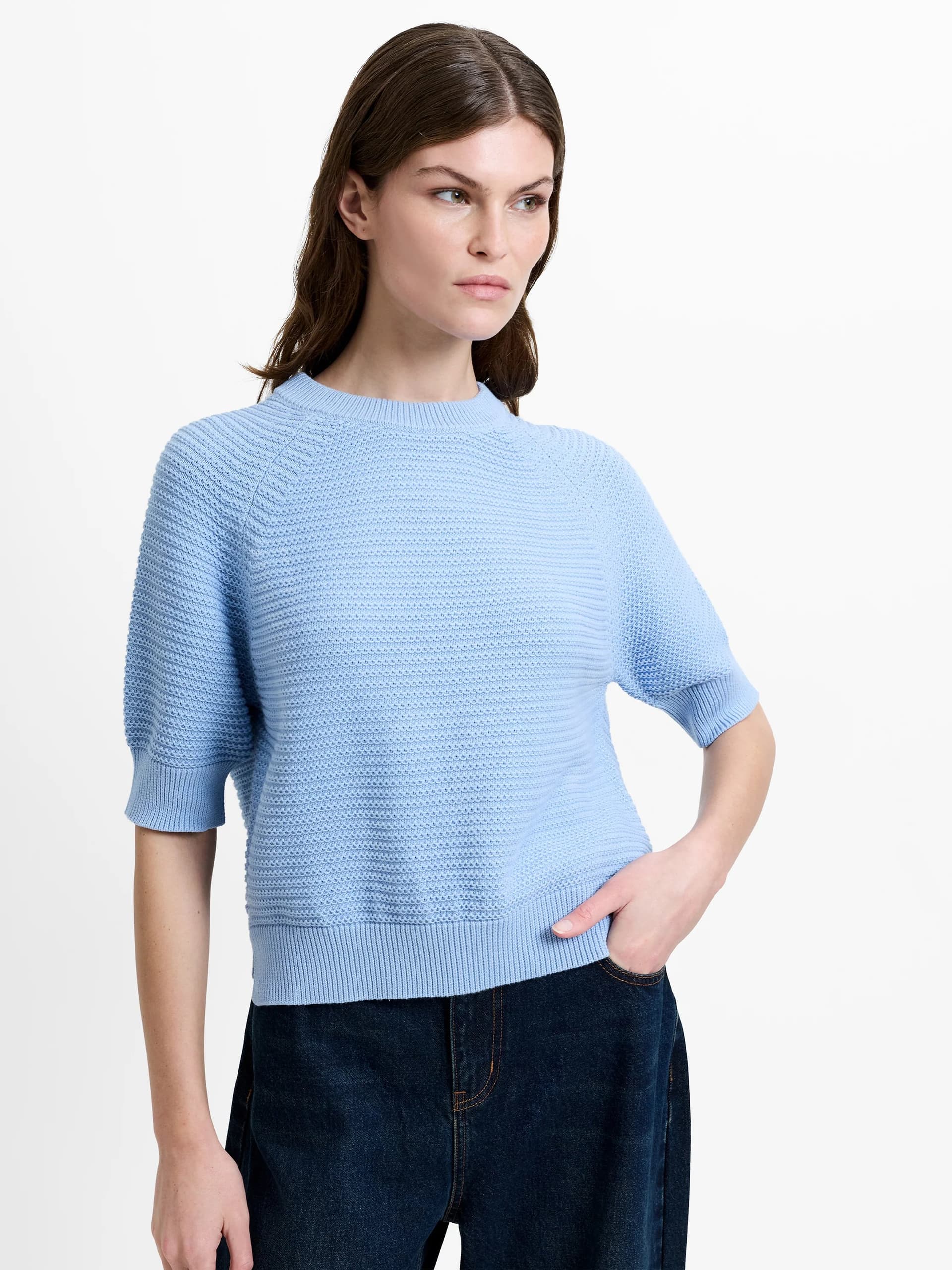 French Connection Lily Mozart Short Sleeve Purl Knit Jumper Pretty Blue