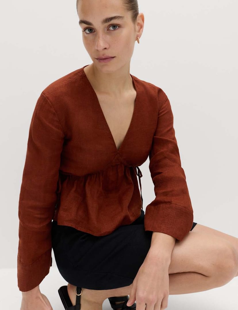 Marks & Spencer M&S Pure Linen V-Neck Peplum Top Brandy - 1