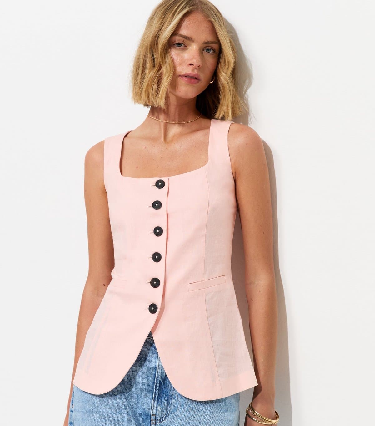 New Look Women's Light Pink Linen Rich Thick Strap Waistcoat New Look