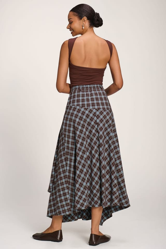 Jolie Moi Jolie Moi Women's Plaid Asymmetric Maxi Skirt in Light Brown - 2