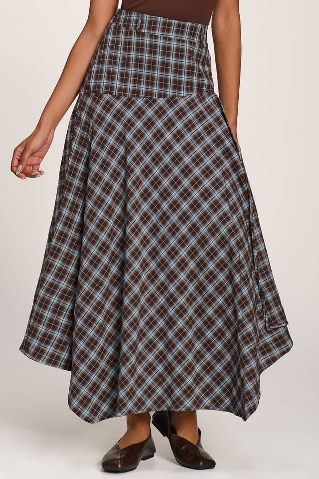 Jolie Moi Jolie Moi Women's Plaid Asymmetric Maxi Skirt in Light Brown - 3