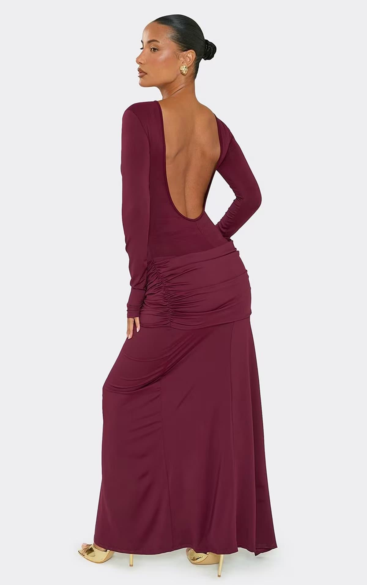 EGO Long Sleeve Drape Front Split Leg Maxi Dress In Burgundy, Women's Size UK 6