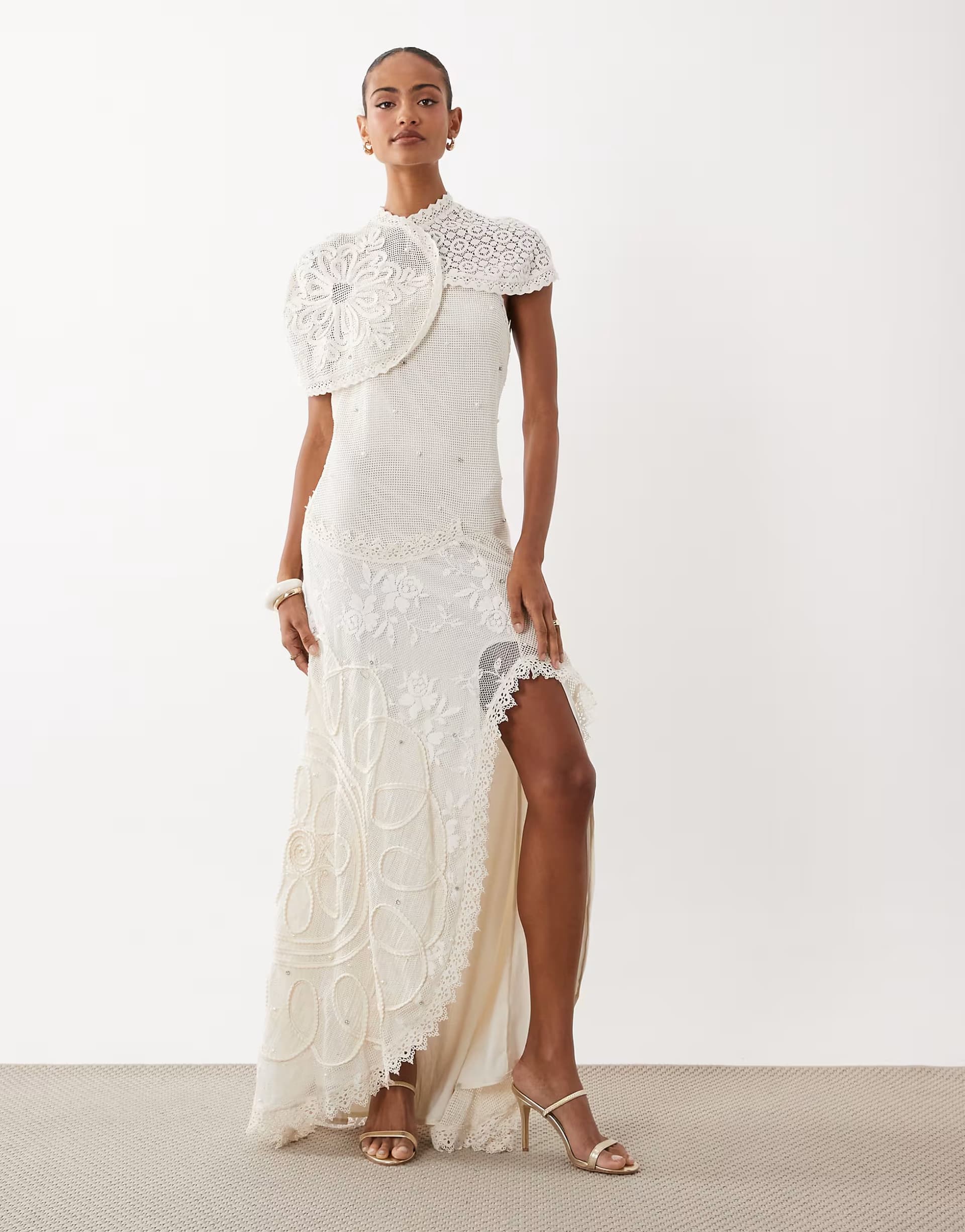 ASOS ASOS DESIGN panelled crochet maxi dress with scattered pearl & diamante embellishment in cream