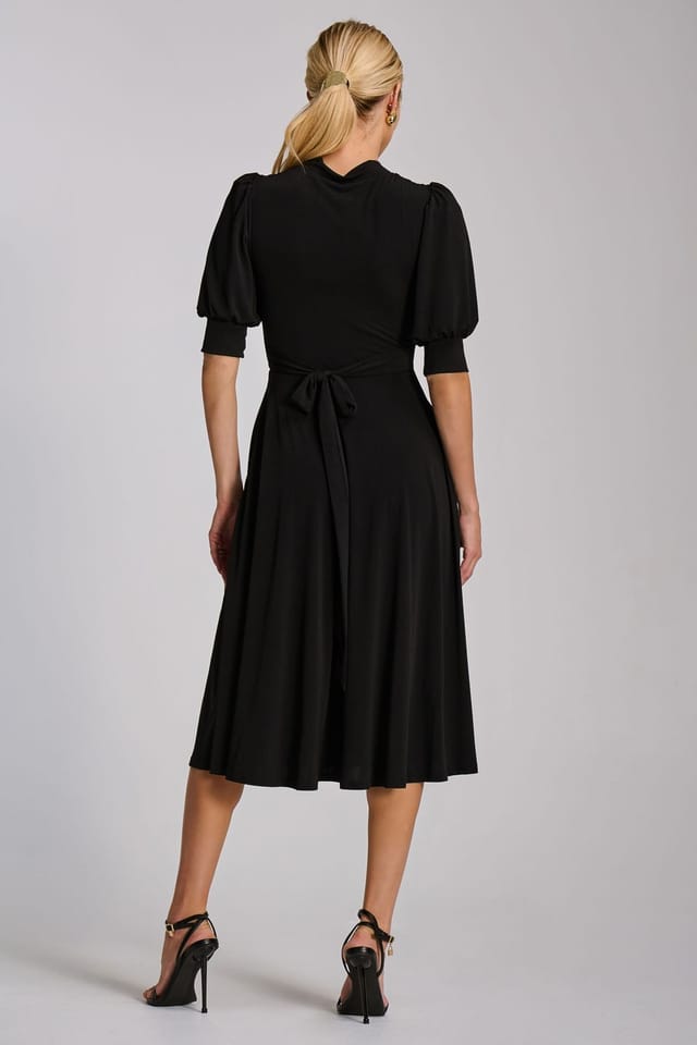 Jolie Moi Jolie Moi Women's Tie Neck Puffy Sleeve Jersey Midi Dress in Black - 2