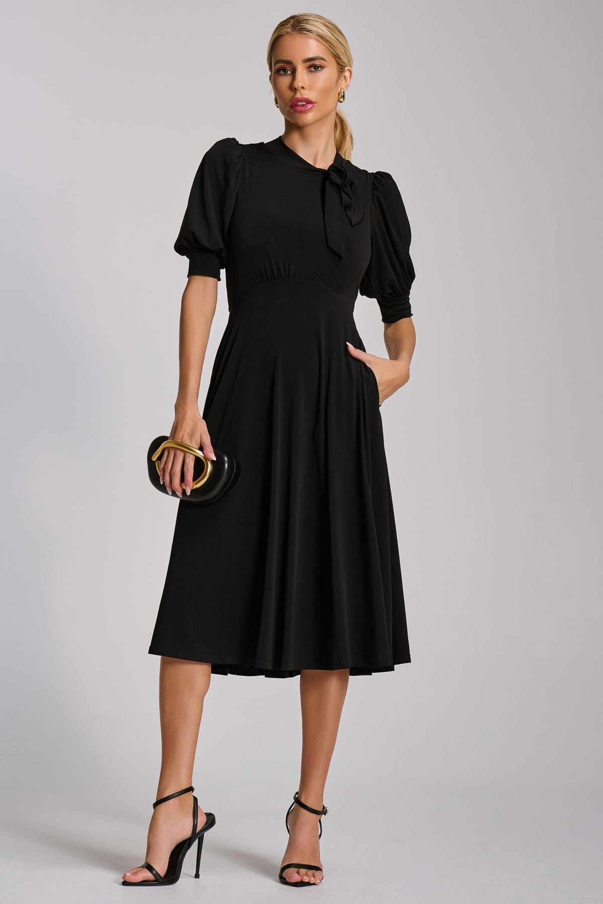 Jolie Moi Jolie Moi Women's Tie Neck Puffy Sleeve Jersey Midi Dress in Black - 4