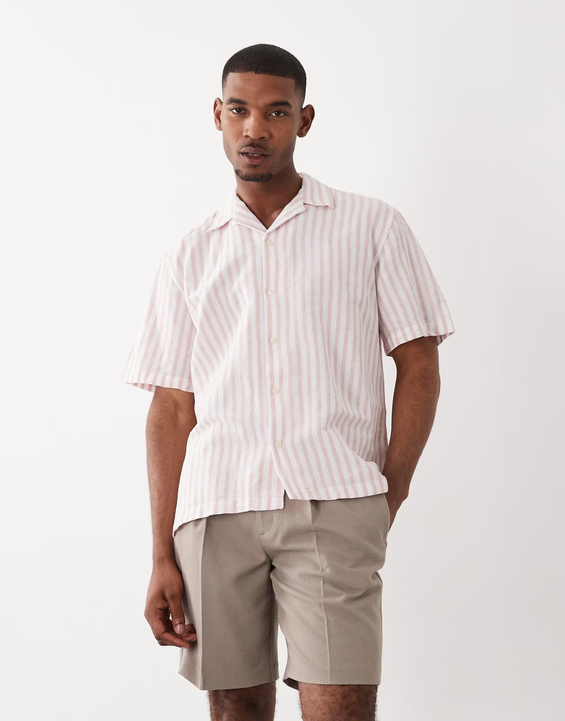 ASOS Selected linen blend short sleeve shirt in rose stripe