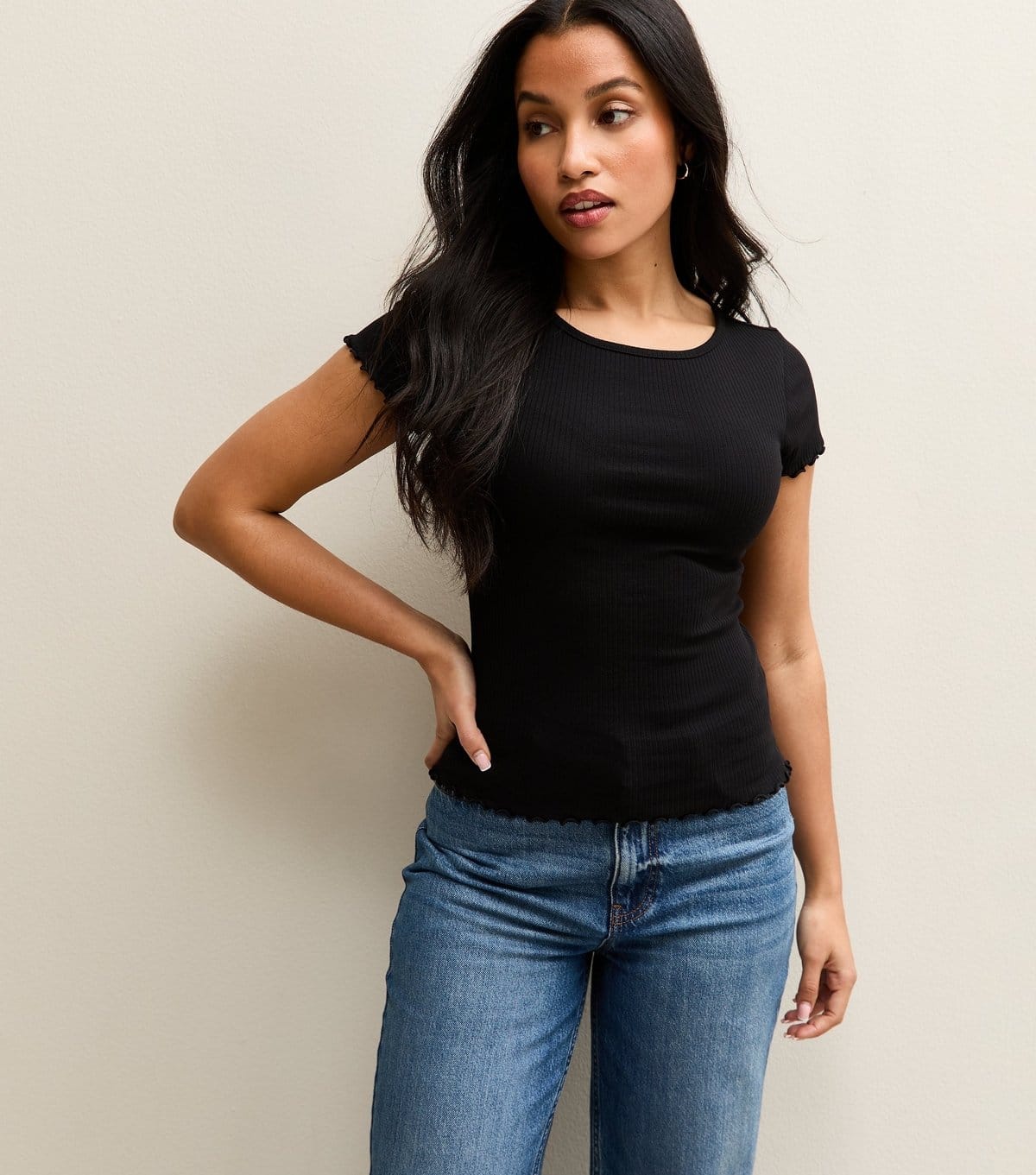 New Look Black Ribbed Babylock Tee for Petite