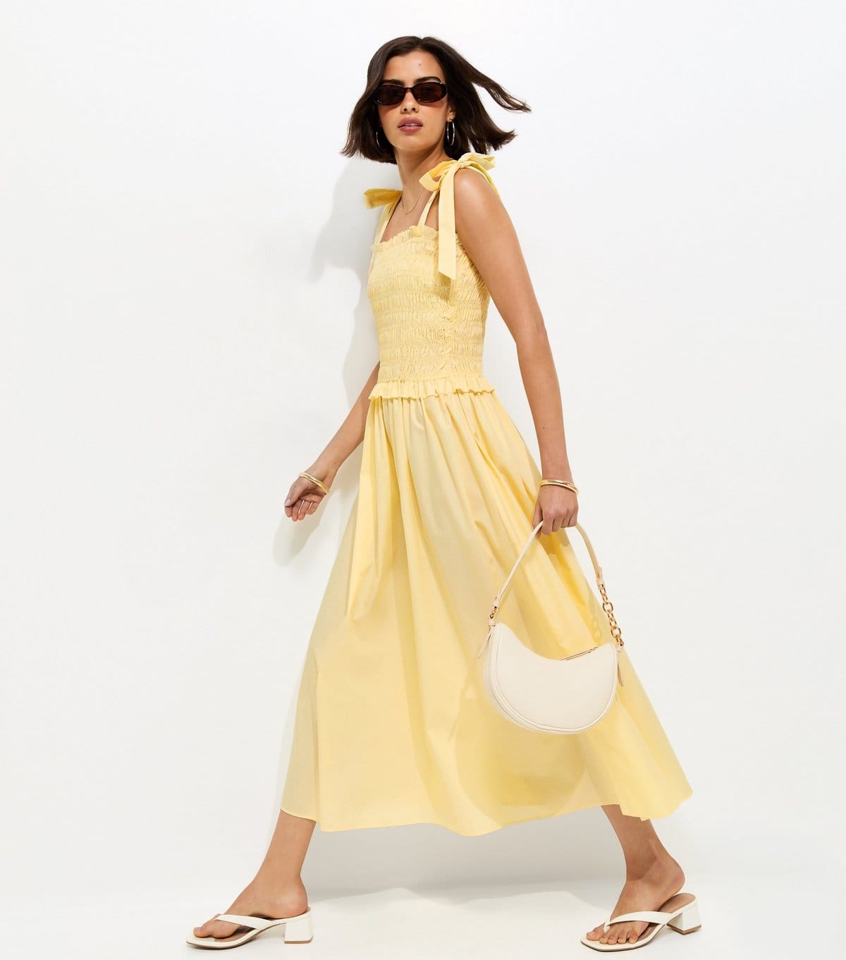 Women's Light Yellow Cotton Shirred Tie Strap Midi Dress New Look