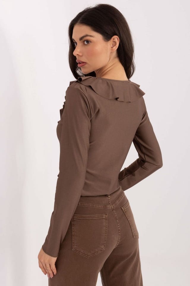 Love Lace Love Lace Women's Tie Neck Ruffle Detail Short Blouse Sleeve in Brown - 3