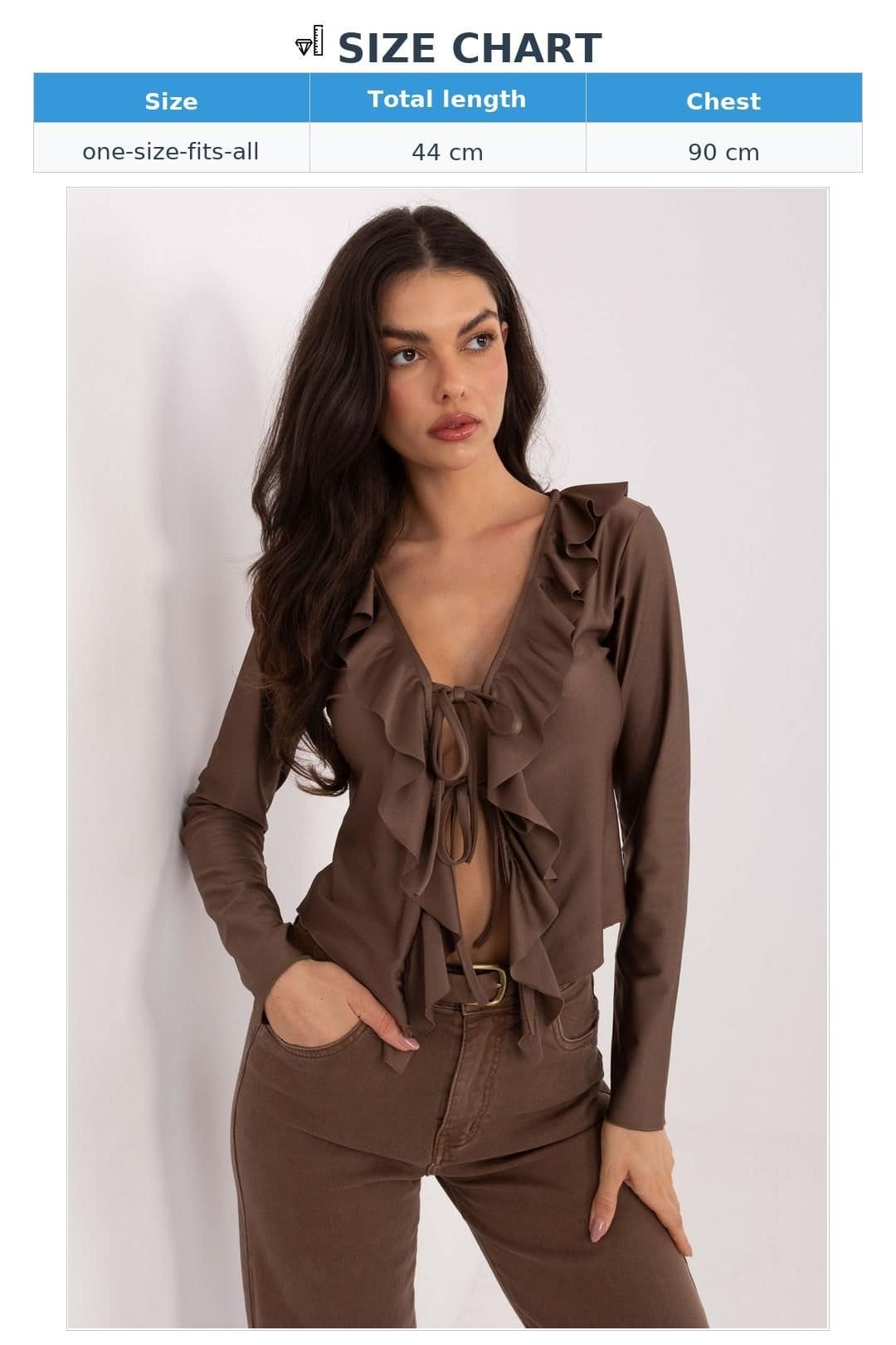 Love Lace Love Lace Women's Tie Neck Ruffle Detail Short Blouse Sleeve in Brown - 4