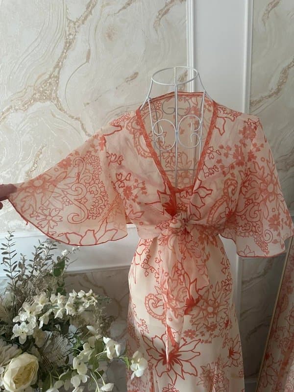 Vintage Dressing Etheral Fairycore Cottagecore Peach Floral Tie Front Midi Dress Boho Angelic size 16 vintage