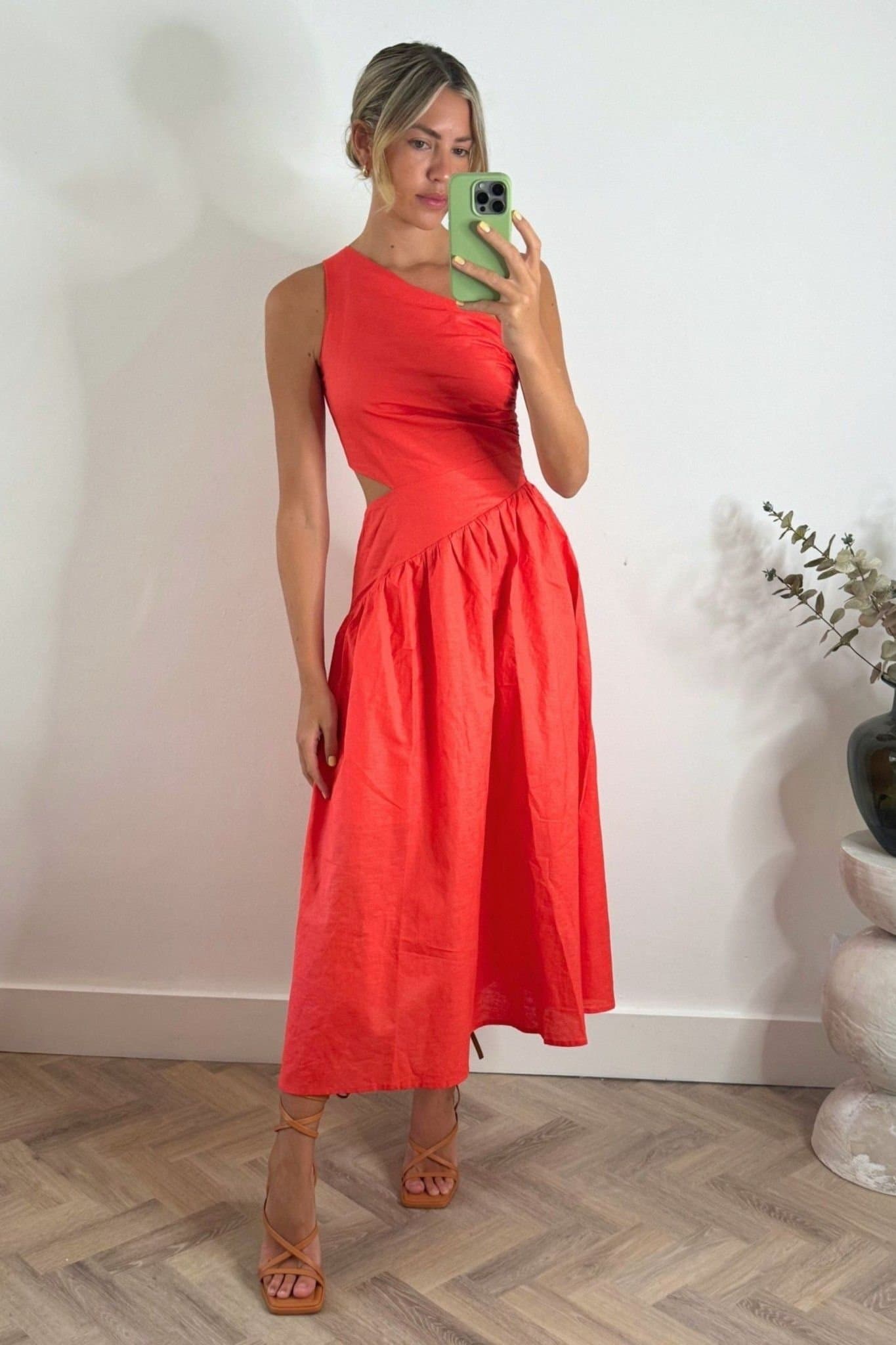 Style Cheat Style Cheat Women's Jasmine One-Shoulder Cut-Out Midi Coral Dress