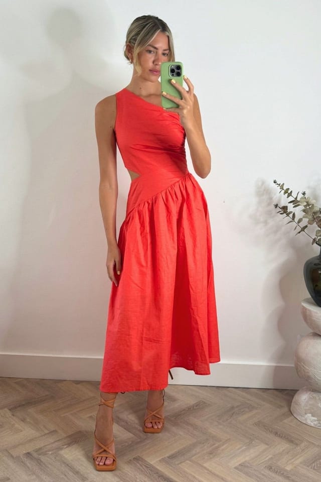 Style Cheat Style Cheat Women's Jasmine One-Shoulder Cut-Out Midi Coral Dress - 2