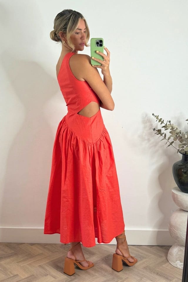 Style Cheat Style Cheat Women's Jasmine One-Shoulder Cut-Out Midi Coral Dress - 3
