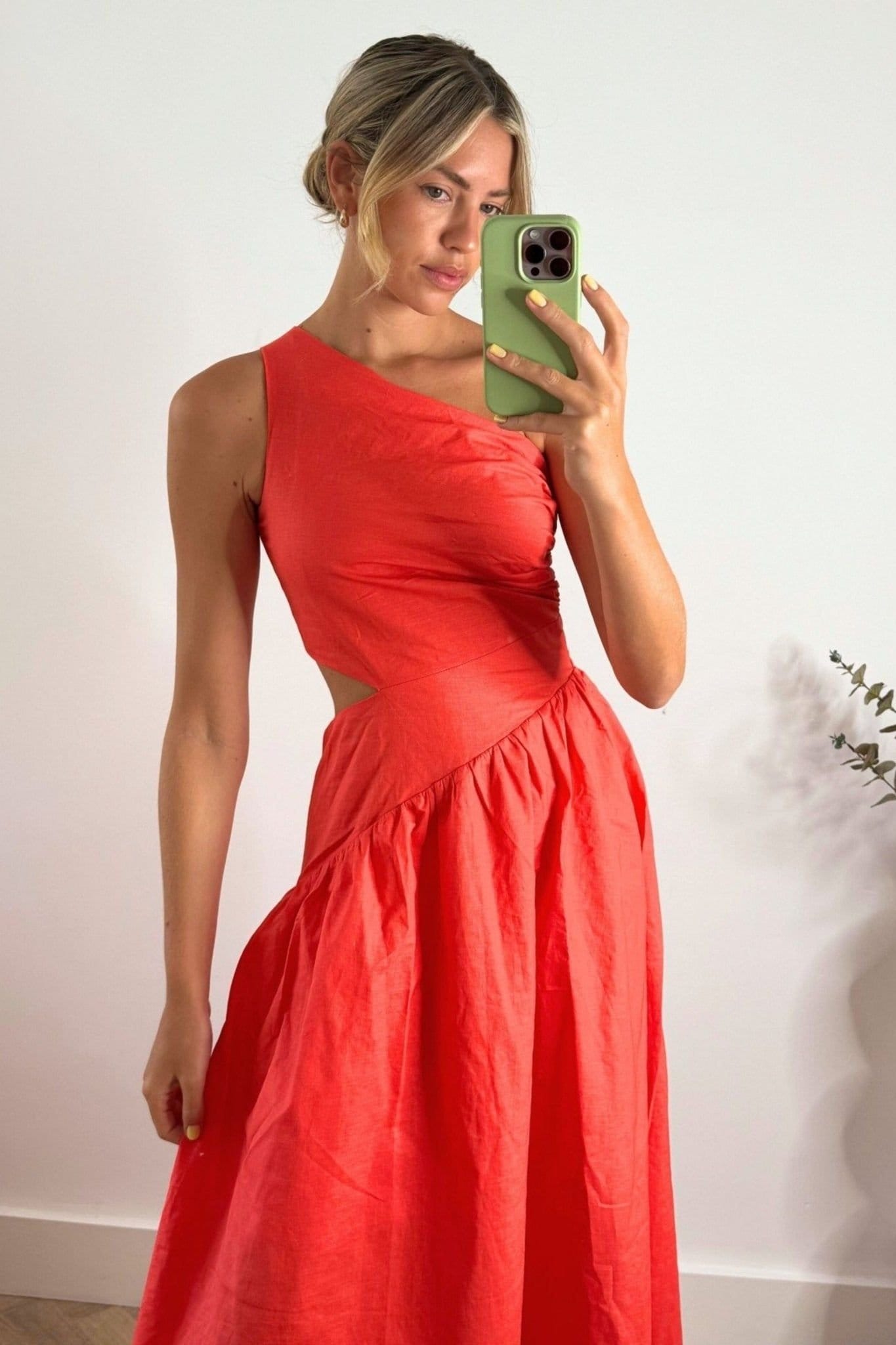 Style Cheat Style Cheat Women's Jasmine One-Shoulder Cut-Out Midi Coral Dress - 4