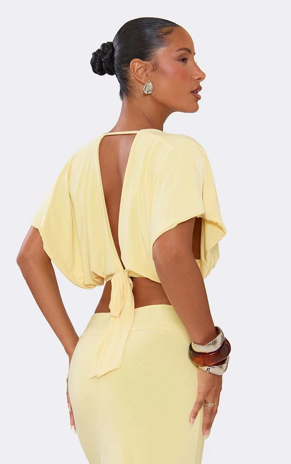 EGO Short Flared Sleeve Tie Back Top In Lemon, Women's Size UK 6
