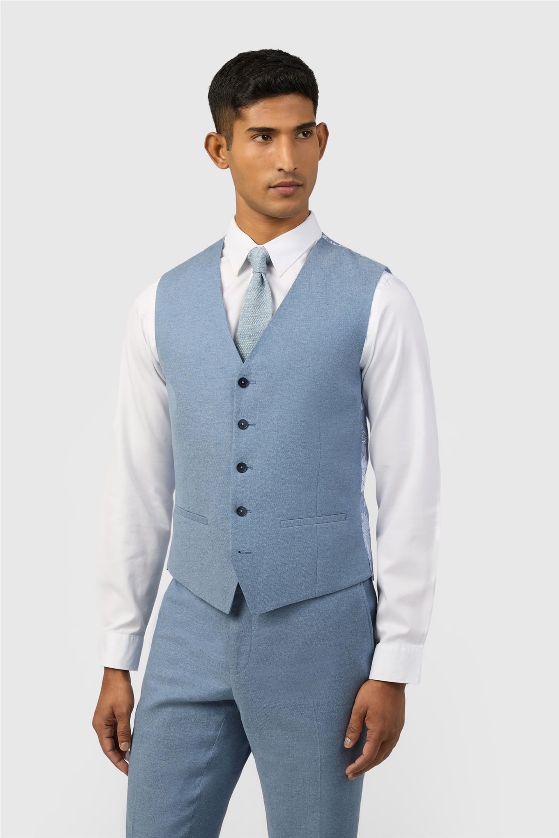 Ted Baker Ted Baker Men's Single Breasted Five Button Herringbone Tailored Waistcoat in Baby Blue