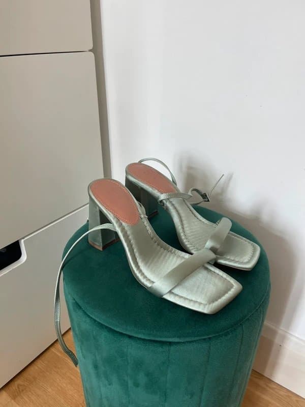 ASOS Design Heeled sandals in a beautiful sage green satin.