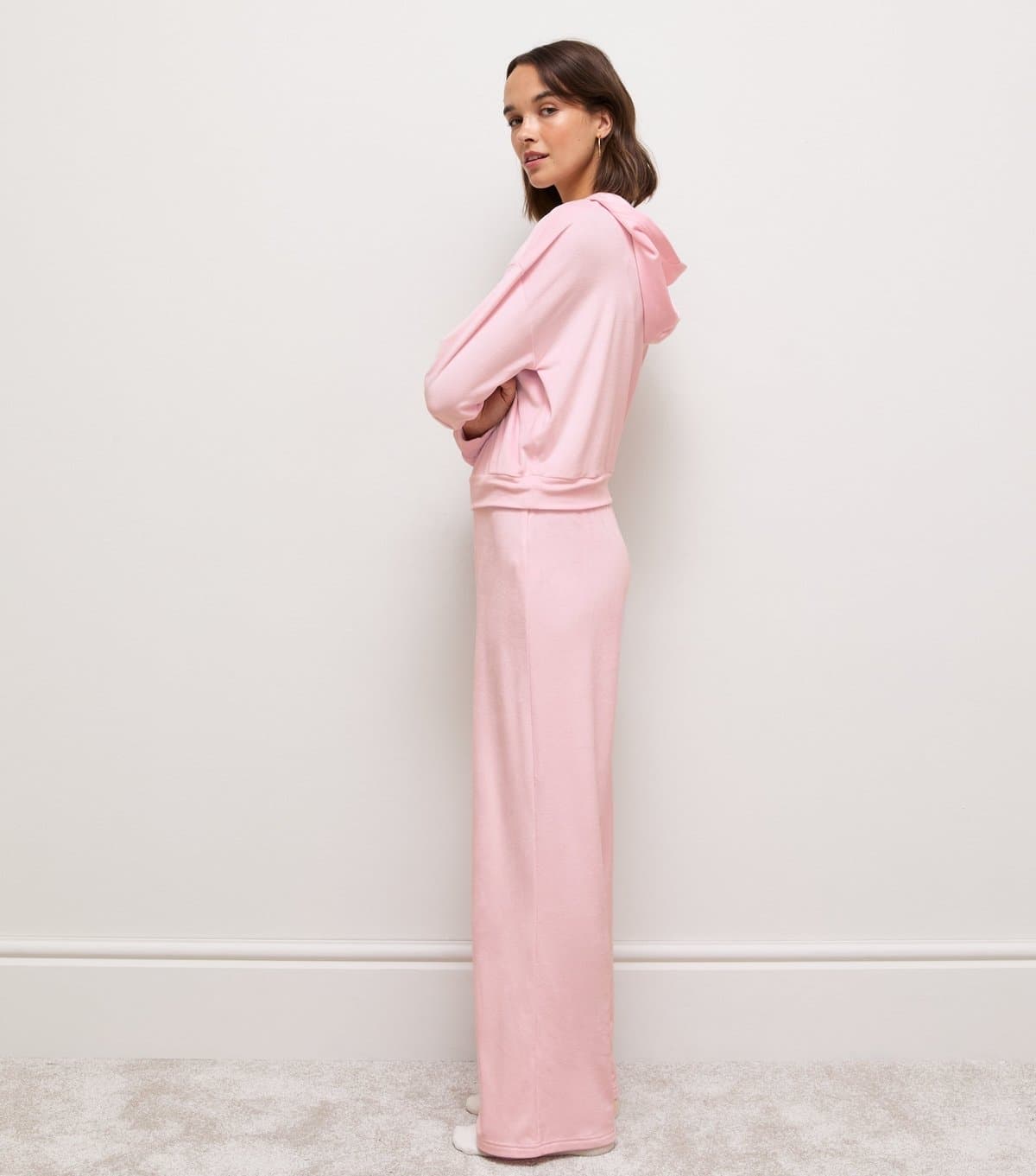 New Look Women's Light Pink Velour Wide Leg Trousers New Look