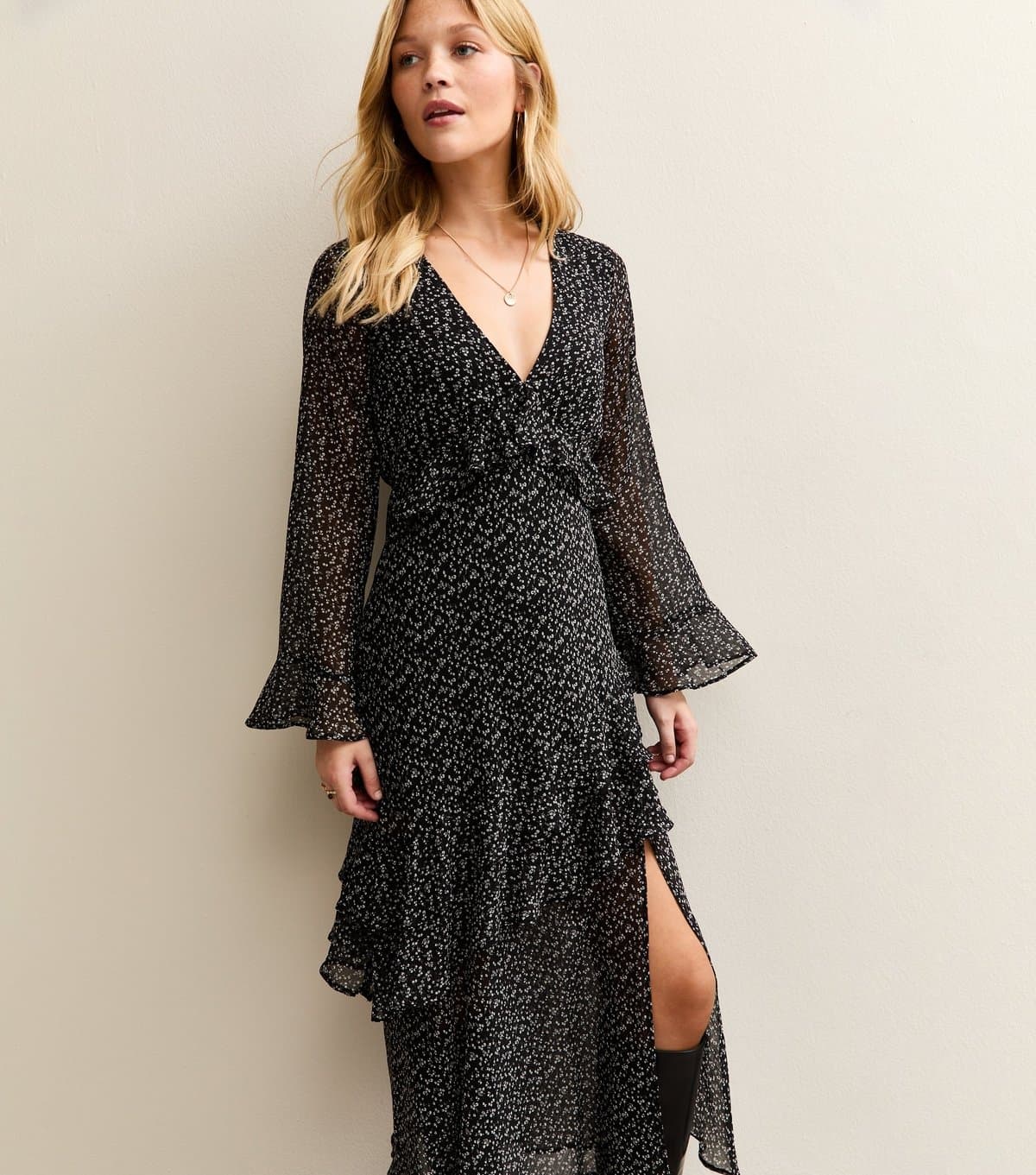 New Look Women's Black Ditsy Print Chiffon Ruffle Trim Midi Dress New Look