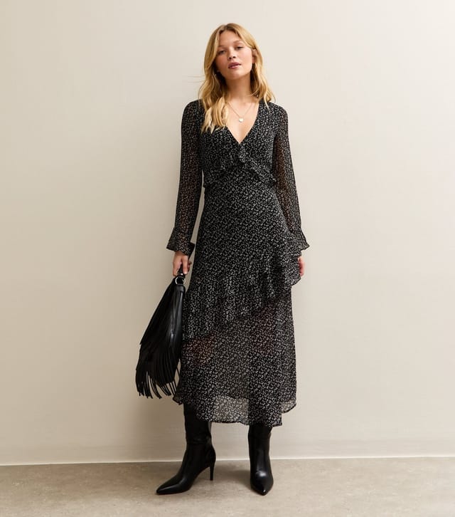 New Look Women's Black Ditsy Print Chiffon Ruffle Trim Midi Dress New Look - 3