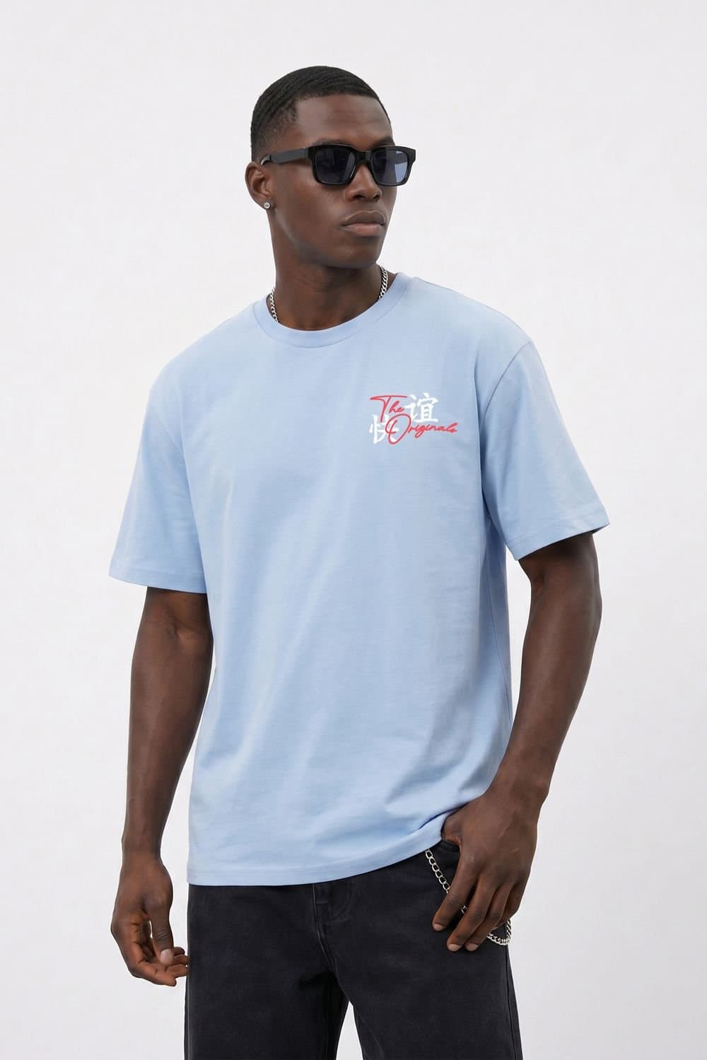 LONDON ATTITUDE LONDON ATTITUDE Men's Tokyo Dragon Premium Cotton Relaxed Fit T-Shirt in Light Blue