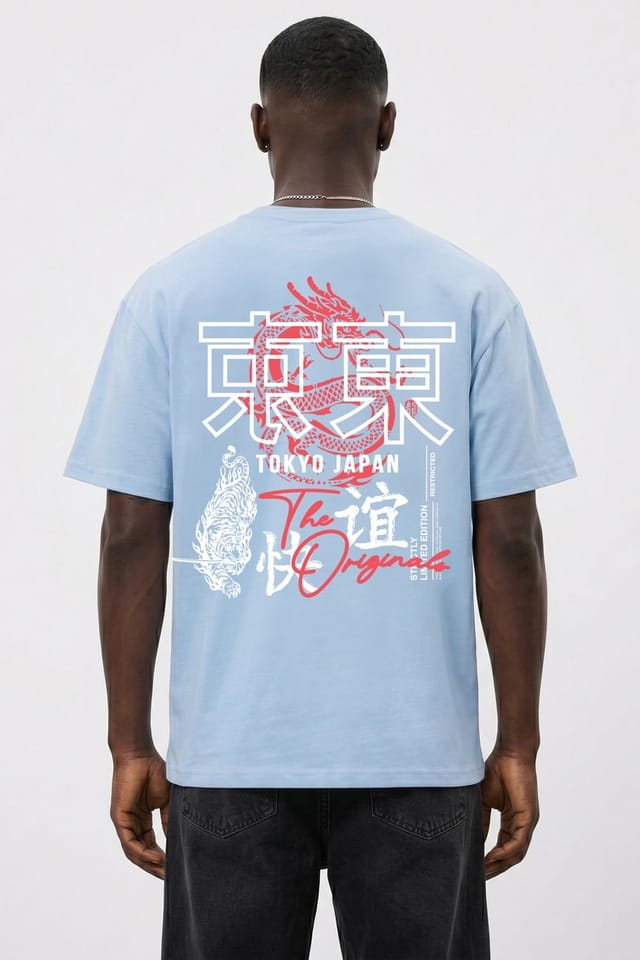 LONDON ATTITUDE LONDON ATTITUDE Men's Tokyo Dragon Premium Cotton Relaxed Fit T-Shirt in Light Blue - 2