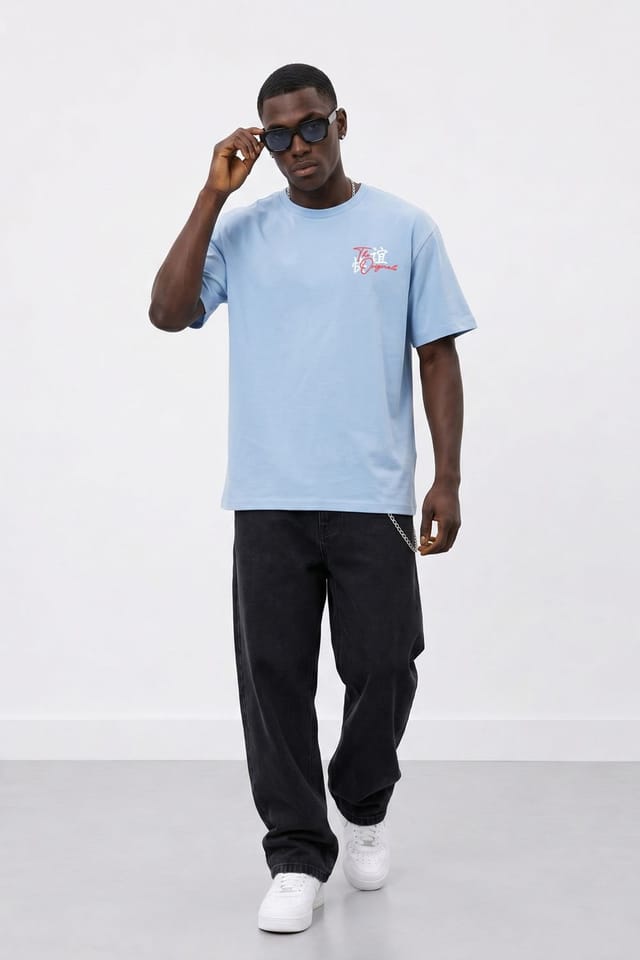 LONDON ATTITUDE LONDON ATTITUDE Men's Tokyo Dragon Premium Cotton Relaxed Fit T-Shirt in Light Blue - 3