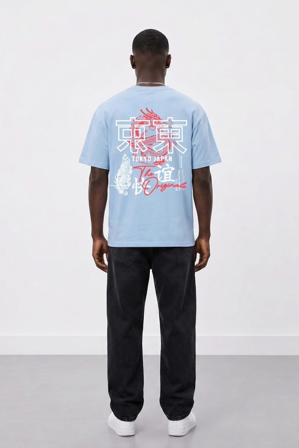 LONDON ATTITUDE LONDON ATTITUDE Men's Tokyo Dragon Premium Cotton Relaxed Fit T-Shirt in Light Blue - 4