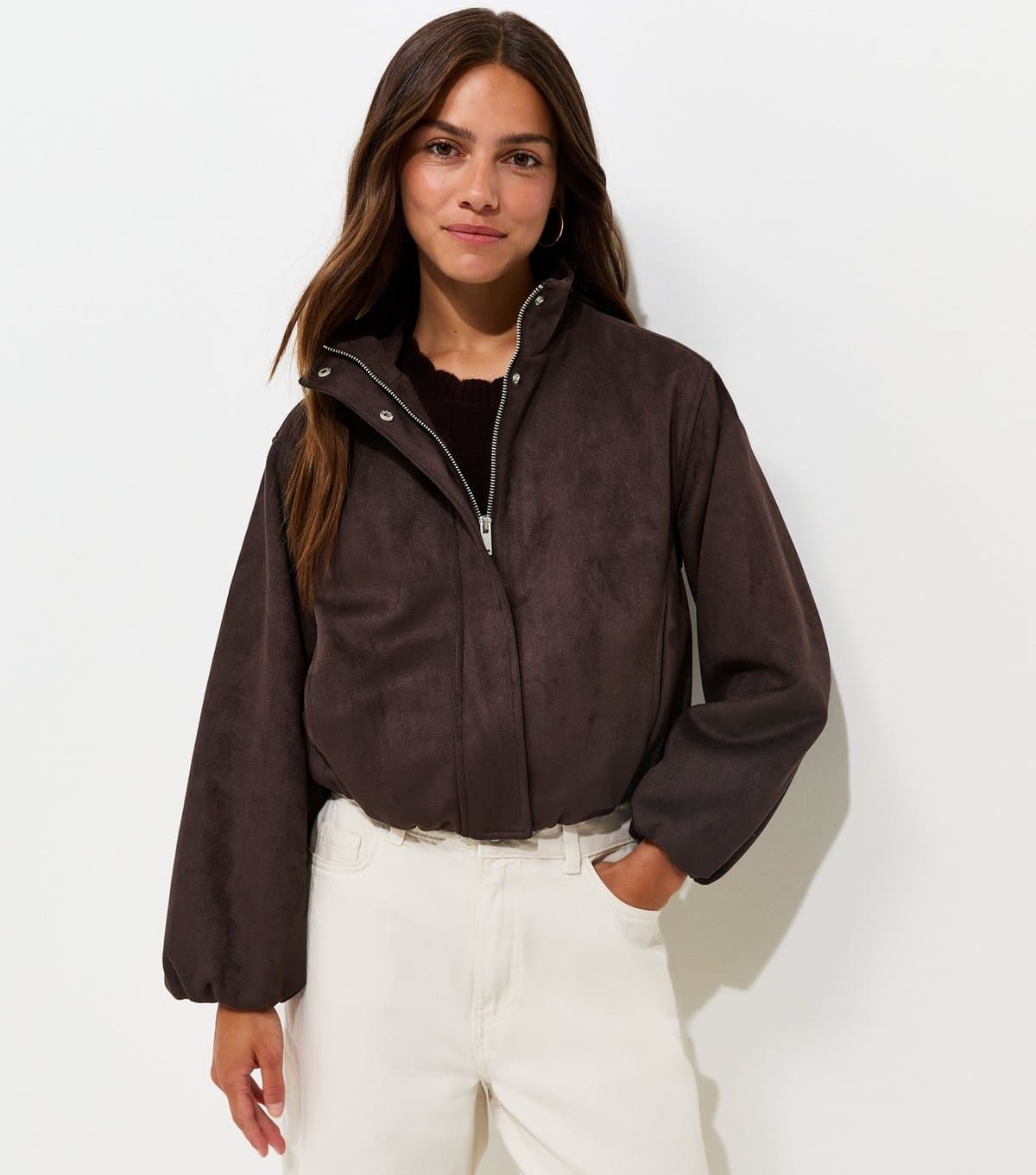 New Look Women's Petite Dark Brown Faux Suede Bubble Hem Jacket New Look
