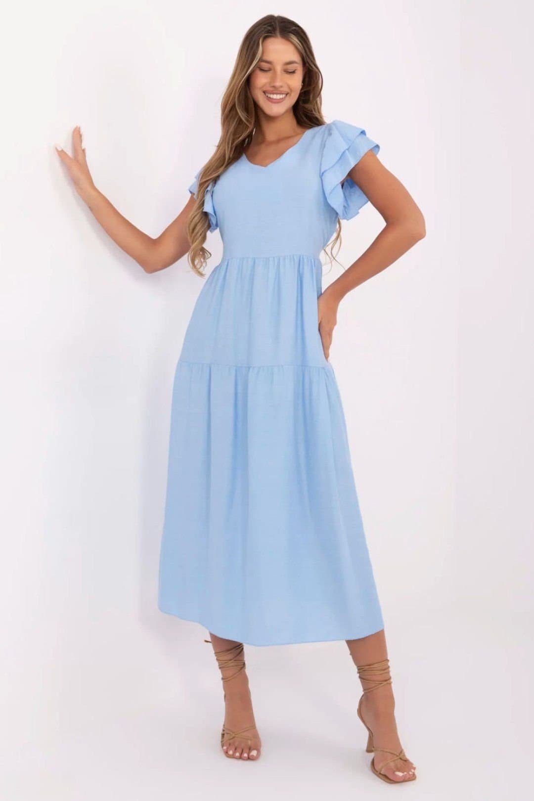 Love Lace Love Lace Women's V Neck Tie Waist Flared Midi Summer Dress in Blue