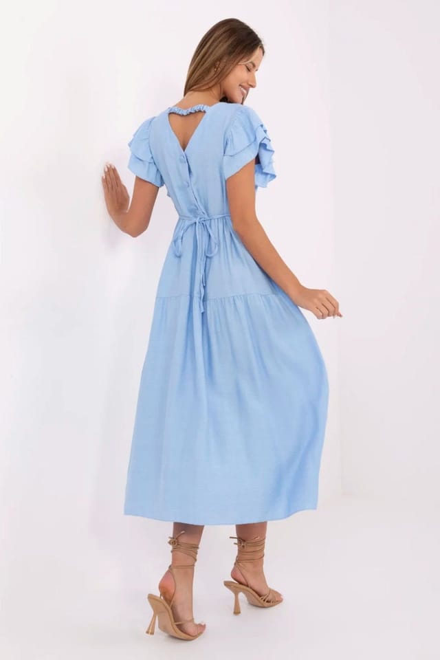 Love Lace Love Lace Women's V Neck Tie Waist Flared Midi Summer Dress in Blue - 3