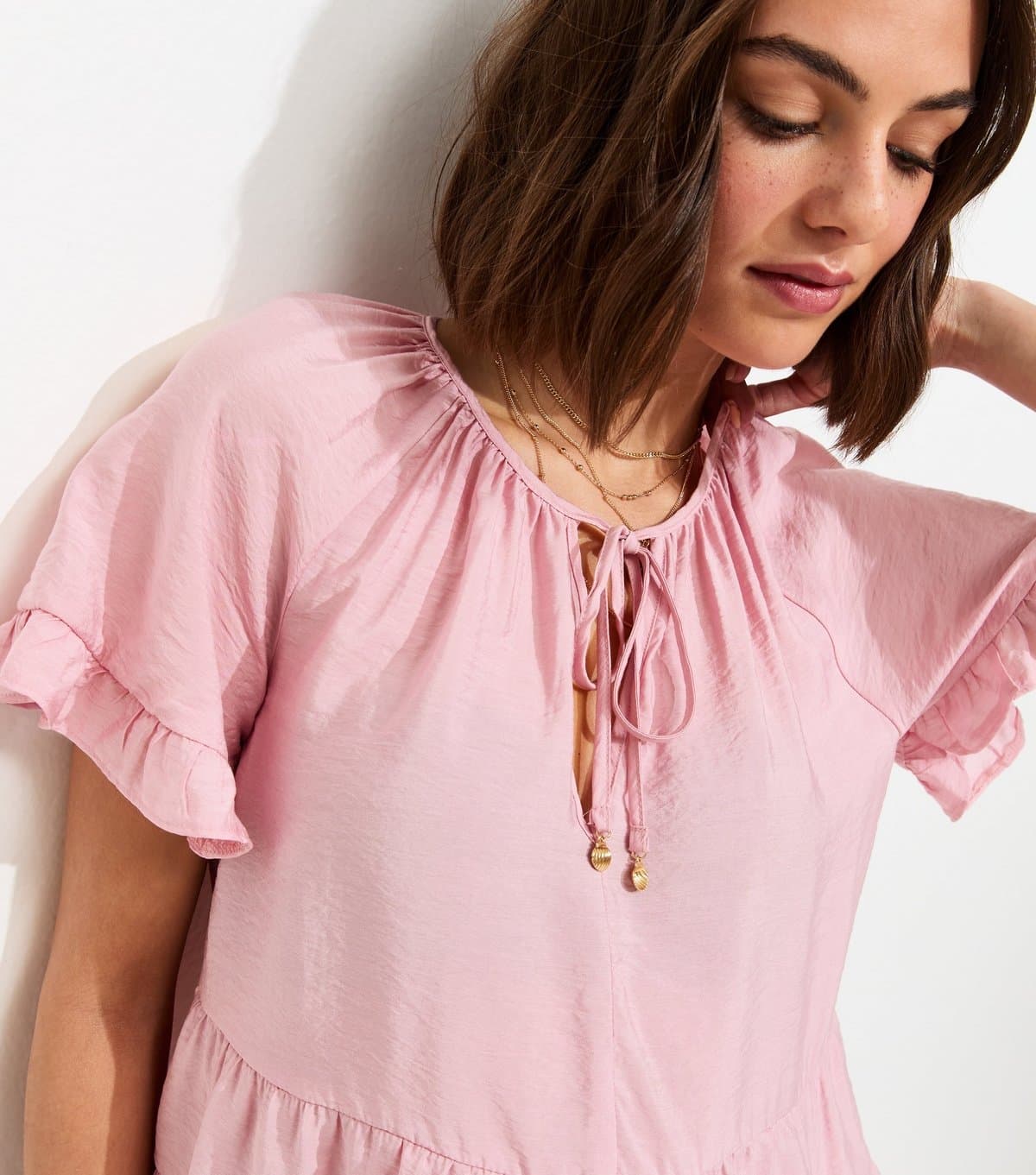 New Look Women's Light Pink Tiered Tie Neck Top New Look